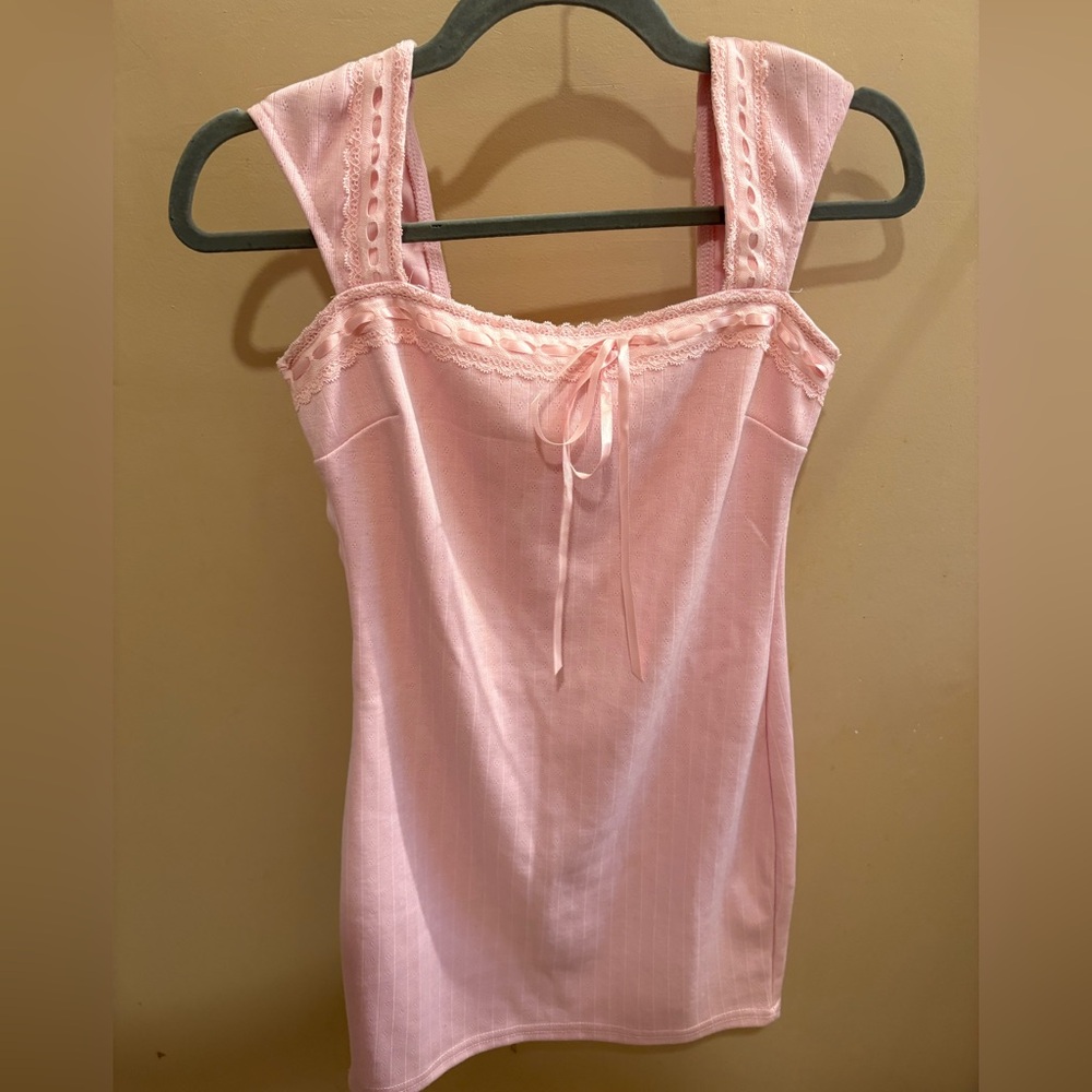 NWOT Charlotte Russe Pink Coquette Mini Dress Ribbon/Lace Trim Women’s Size M